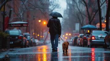 AI generated A man walks his Yorkshire terrier dog in the rain along the street of city photo