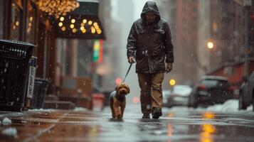 AI generated A man walks his Yorkshire terrier dog in the rain along the street of city photo