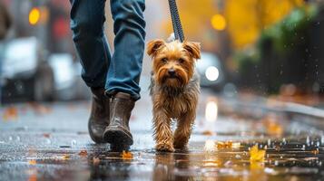 ai generado un hombre camina su Yorkshire terrier perro en el lluvia a lo largo el calle de ciudad foto