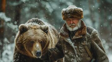 ai generado un popa ruso hombre en un ushanka sombrero camina con un oso en un siberiano invierno bosque foto