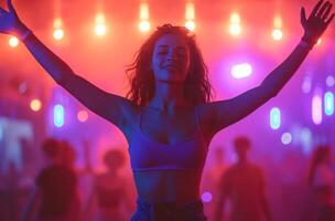 AI generated a woman is raising her hands in a dance club photo