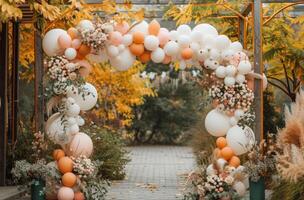 AI generated a wedding bridal arch decorated with white balloons photo