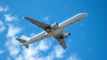 ai generado un blanco pasajero avión moscas en contra un antecedentes sin un nublado azul cielo foto