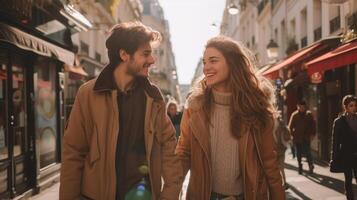 AI generated A young and happy couple walks down the street holding hands in city photo