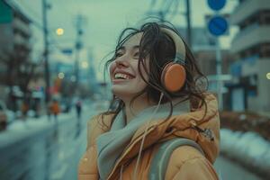 ai generado un mujer se ríe y sonrisas a el persona con auriculares caminando abajo un vacío ciudad foto