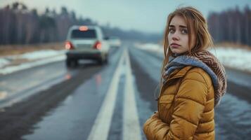 AI generated A young beautiful woman stands on the side of the road near a car with a broken tire and asks for help photo