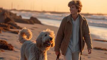 ai generado un joven hermoso hombre de Español apariencia camina con un grande lanudo perro en el playa foto