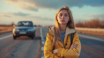 AI generated A young beautiful woman stands on the side of the road near a car with a broken tire and asks for help photo
