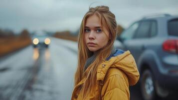 AI generated A young beautiful woman stands on the side of the road near a car with a broken tire and asks for help photo