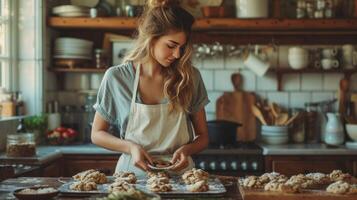 AI generated American woman baking cookies in the kitchen of a classic American home photo