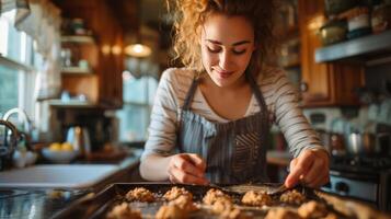 AI generated American woman baking cookies in the kitchen of a classic American home photo