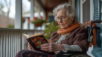 AI generated An elderly woman reads a book while sitting in a wheelchair on the veranda of an American house photo