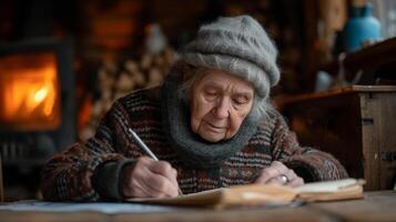 AI generated An old woman writes a letter sitting at an old oak table against the background of a fireplace photo