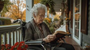 AI generated An elderly woman reads a book while sitting in a wheelchair on the veranda of an American house photo