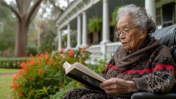 AI generated An elderly woman reads a book while sitting in a wheelchair on the veranda of an American house photo