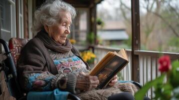 AI generated An elderly woman reads a book while sitting in a wheelchair on the veranda of an American house photo