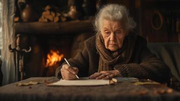 AI generated An old woman writes a letter sitting at an old oak table against the background of a fireplace photo