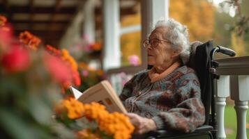 AI generated An elderly woman reads a book while sitting in a wheelchair on the veranda of an American house photo