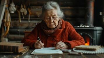 AI generated An old woman writes a letter sitting at an old oak table against the background of a fireplace photo