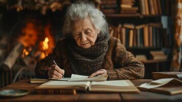 AI generated An old woman writes a letter sitting at an old oak table against the background of a fireplace photo