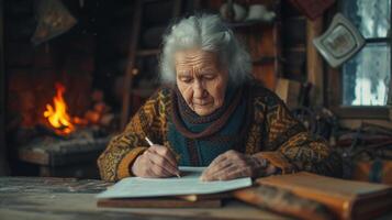 AI generated An old woman writes a letter sitting at an old oak table against the background of a fireplace photo