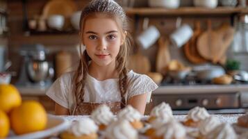 ai generado hermosa niña 12 años antiguo hornea fiesta magdalenas en el cocina foto