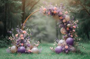 AI generated balloon wedding centerpiece on a circular arc in green grass photo