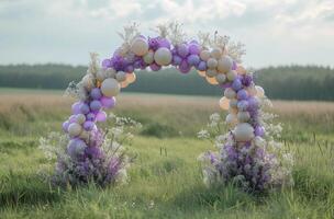 AI generated balloon wedding centerpiece on a circular arc in green grass photo