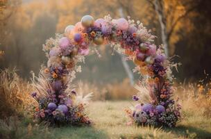 AI generated balloon wedding centerpiece on a circular arc in green grass photo