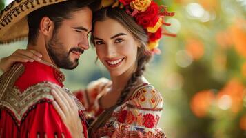 ai generado hermosa Español joven Pareja bailando en nacional disfraces latín danza foto