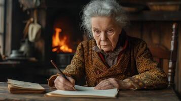 AI generated An old woman writes a letter sitting at an old oak table against the background of a fireplace photo