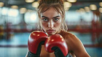 ai generado hermosa joven mujer compite en boxeo en el gimnasio foto