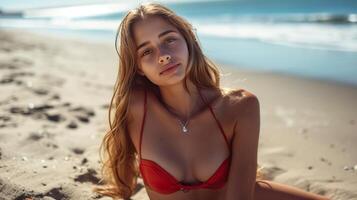 ai generado hermosa joven niña en un rojo bikini broncearse en el playa foto