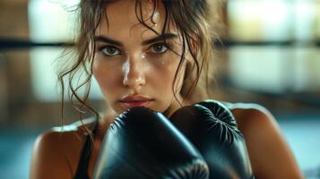 ai generado hermosa joven mujer compite en boxeo en el gimnasio foto