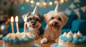 ai generado cumpleaños perros actitud en frente de un cumpleaños pastel foto
