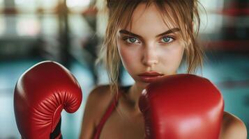 ai generado hermosa joven mujer compite en boxeo en el gimnasio foto