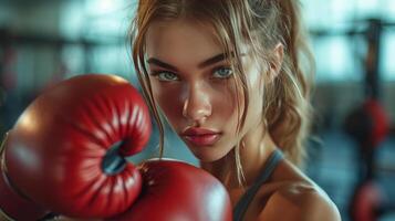 ai generado hermosa joven mujer compite en boxeo en el gimnasio foto