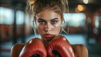 ai generado hermosa joven mujer compite en boxeo en el gimnasio foto