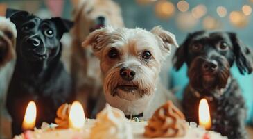 AI generated birthday dogs pose in front of a birthday cake photo