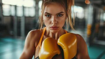 ai generado hermosa joven mujer compite en boxeo en el gimnasio foto