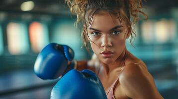 ai generado hermosa joven mujer compite en boxeo en el gimnasio foto