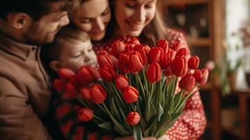 AI generated Boy and dad give a bouquet of red tulips to a woman in a red polka dot dress photo