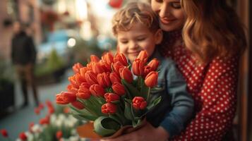 ai generado chico y papá dar un ramo de flores de rojo tulipanes a un mujer en un rojo polca punto vestir foto