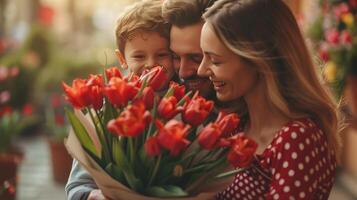 AI generated Boy and dad give a bouquet of red tulips to a woman in a red polka dot dress photo