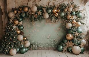 ai generado bautizo globo decoración con Navidad árbol con guirnalda foto