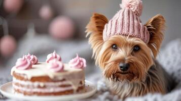 AI generated Cute Yorkshire terrier dog in a birthday cap sits near the cake on a minimalistic bright background photo