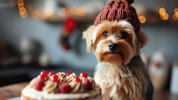 AI generated Cute Yorkshire terrier dog in a birthday cap sits near the cake on a minimalistic bright background photo
