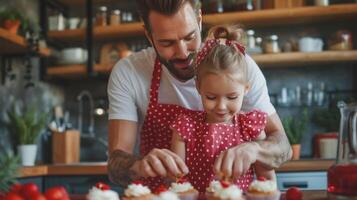 AI generated Dad and daughter preparing cupcakes in a modern kitchen wearing red polka dot aprons photo