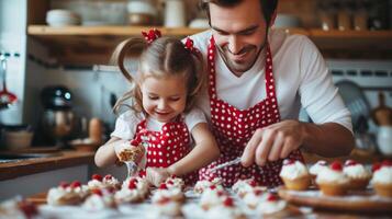 AI generated Dad and daughter preparing cupcakes in a modern kitchen wearing red polka dot aprons photo