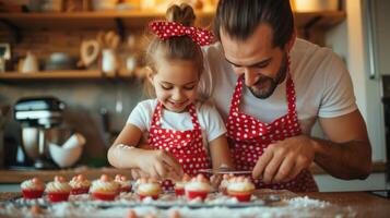 AI generated Dad and daughter preparing cupcakes in a modern kitchen wearing red polka dot aprons photo